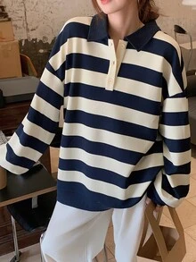 DAZY 女款翻領對比條紋寬鬆套頭休閒衛衣可愛上衣 - 藏蓝色 - 查看 2