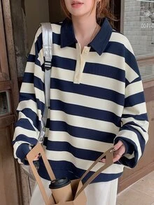 DAZY 女款翻領對比條紋寬鬆套頭休閒衛衣可愛上衣 - 藏蓝色 - 查看 7