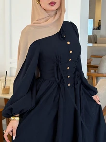 Solavon New Design Vintage Cinched Waist Tie-Up Metal Button Elegant Slimming Everyday Versatile Dress - Navy Blue - View 6