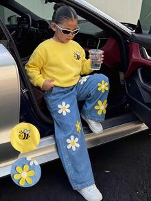 Young Girl Kids 2pcs/Set Casual Lively Floral & Bee Pattern Knit Crew Neck Long Sleeve Sweatshirt And Pants Set,Fall,Fall Outfits,Autumn/Winter - Yellow - View 1