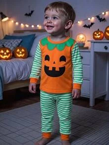 Cozy Pixies Baby Boy Snug Fit Pajama Set, Cartoon Pumpkin Halloween Ghost Pattern Striped Design, Soft Knitted Crew Neck Long Sleeve Pullover Snug Fit Home Top With Elastic Waist Long Pants - Orange - View 7