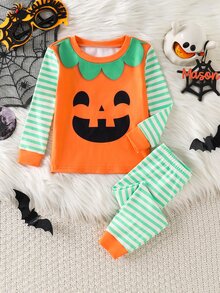 Cozy Pixies Baby Boy Snug Fit Pajama Set, Cartoon Pumpkin Halloween Ghost Pattern Striped Design, Soft Knitted Crew Neck Long Sleeve Pullover Snug Fit Home Top With Elastic Waist Long Pants - Orange - View 5