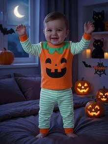 Cozy Pixies Baby Boy Snug Fit Pajama Set, Cartoon Pumpkin Halloween Ghost Pattern Striped Design, Soft Knitted Crew Neck Long Sleeve Pullover Snug Fit Home Top With Elastic Waist Long Pants - Orange - View 2