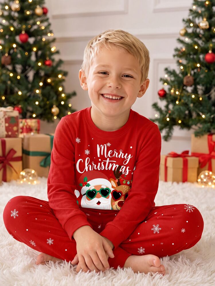 Young Boy Classic Casual Slim Fit Long Sleeve Pants Set, Classic Cute Cartoon Santa Claus And Reindeer Graphic Print, Classic Snowflake Graphic Print, Suitable For Christmas - Multicolor - View 1