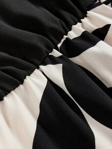 SHEIN Girlism 青少年女孩早秋休閒優雅黑色拼接純色花卉印花下擺收腰中長洋裝，適合日常優雅穿著，復古風格 - 黑與白 - 查看 5