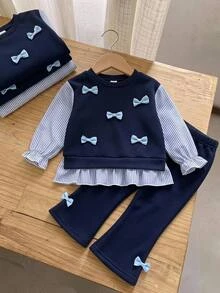 LMoss Kids 女嬰女童蝴蝶結撞色針織軟綿圓領藍白條紋長袖套頭衛衣＋彈性腰修身喇叭長褲 2件套，舒適百搭時尚可愛簡約日常休閒風，適合秋冬室內外休閒穿著 - 彩色 - 查看 2