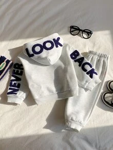 SHEIN 中性嬰兒男/女童 2件組秋冬加厚抓絨內裡休閒可愛毛巾刺繡圖案衛衣套裝，嬰兒冬季套裝，運動服，慢跑褲 - 灰色 - 查看 7