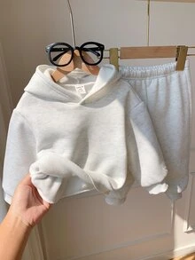 SHEIN 中性嬰兒男/女童 2件組秋冬加厚抓絨內裡休閒可愛毛巾刺繡圖案衛衣套裝，嬰兒冬季套裝，運動服，慢跑褲 - 灰色 - 查看 2