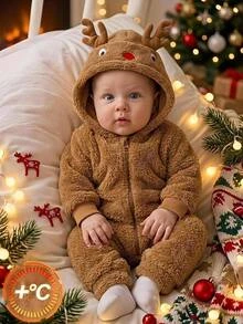 SHEIN Baby Boy Deer Antler Hooded Long Sleeve Winter Romper, Versatile And Comfortable - Burgundy - View 4