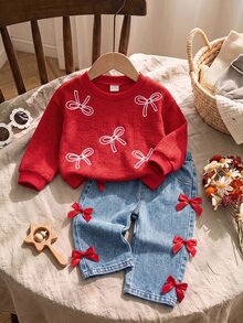 Baby Girl Bow Pattern Casual Daily Red Long Sleeve Sweatshirt And Pants Set Christmas Set - Red - View 7