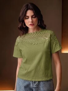 Anewsta Elegant Vacation Neckline Patchwork Leaf Lace Green Short Sleeve T-Shirt For Women - Green - View 6