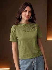 Anewsta Elegant Vacation Neckline Patchwork Leaf Lace Green Short Sleeve T-Shirt For Women - Green - View 8