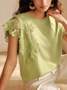 Anewsta Damen Herbst/Sommer Lässig Elegant Blumenmuster Patchwork Salbeigrün Asymmetrische Ärmel T-Shirt Geeignet für Pendeln, Alltagskleidung, Brunch, Teeparty - Grün - Übersicht 1