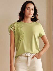 Anewsta Damen Herbst/Sommer Lässig Elegant Blumenmuster Patchwork Salbeigrün Asymmetrische Ärmel T-Shirt Geeignet für Pendeln, Alltagskleidung, Brunch, Teeparty - Grün - Übersicht 5