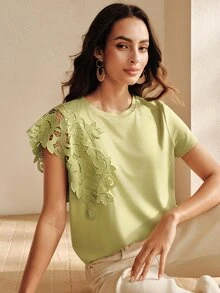 Anewsta Damen Herbst/Sommer Lässig Elegant Blumenmuster Patchwork Salbeigrün Asymmetrische Ärmel T-Shirt Geeignet für Pendeln, Alltagskleidung, Brunch, Teeparty - Grün - Übersicht 3