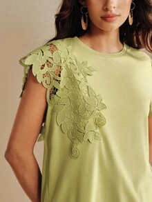 Anewsta Damen Herbst/Sommer Lässig Elegant Blumenmuster Patchwork Salbeigrün Asymmetrische Ärmel T-Shirt Geeignet für Pendeln, Alltagskleidung, Brunch, Teeparty - Grün - Übersicht 7