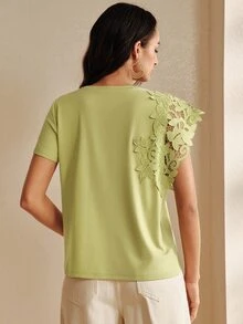 Anewsta Damen Herbst/Sommer Lässig Elegant Blumenmuster Patchwork Salbeigrün Asymmetrische Ärmel T-Shirt Geeignet für Pendeln, Alltagskleidung, Brunch, Teeparty - Grün - Übersicht 8