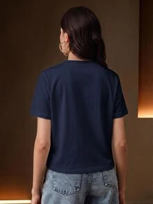 Anewsta Elegant Vacation Style Neckline Patchwork Leaf Lace White Short Sleeve T-Shirt For Women - Navy Blue - View 3