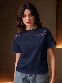 Anewsta Elegant Vacation Style Neckline Patchwork Leaf Lace White Short Sleeve T-Shirt For Women - Navy Blue - View 5