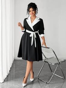 Elenzga French Vintage Elegant Commuter Fashion Casual Lapel Contrast Color Tie Waist Dress Fall - Black - View 7