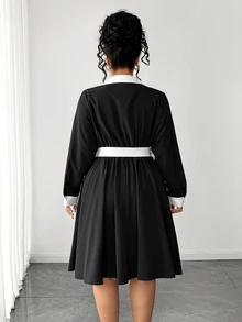 Elenzga French Vintage Elegant Commuter Fashion Casual Lapel Contrast Color Tie Waist Dress Fall - Black - View 2