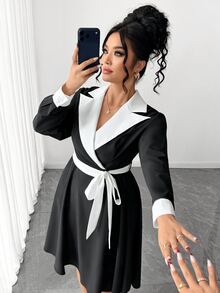 Elenzga French Vintage Elegant Commuter Fashion Casual Lapel Contrast Color Tie Waist Dress Fall - Black - View 6