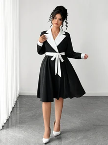 Elenzga French Vintage Elegant Commuter Fashion Casual Lapel Contrast Color Tie Waist Dress Fall - Black - View 4