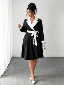 Elenzga French Vintage Elegant Commuter Fashion Casual Lapel Contrast Color Tie Waist Dress Fall - Black - View 3