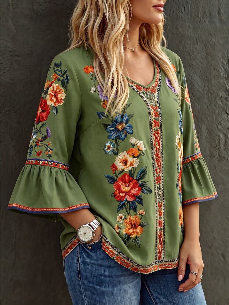 Linhara CURVE Women's Plus Size Bohemian Style Yellow Floral Print Flare Sleeve Blouse, Suitable For Casual, Commute, Beach, Travel, Picnic Fall - Army Green - View 1