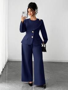 Easura Elegant Casual Fitted Commute & Streetwear Gold Button Decor Women Plus Size Blazer Suit Set - Navy Blue - View 4