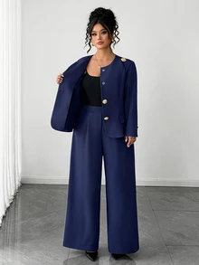 Easura Elegant Casual Fitted Commute & Streetwear Gold Button Decor Women Plus Size Blazer Suit Set - Navy Blue - View 7