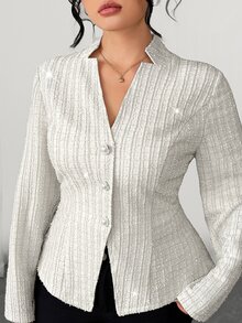 Elenzga Áo khoác nữ size lớn thanh lịch gợi cảm phong cách công sở trang trọng, cổ chữ V, vai thường, tay dài, vạt trước hở, đính cúc ngọc trai trắng, gấu bất đối xứng, mùa thu - Màu be - Xem 1