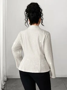 Elenzga Áo khoác nữ size lớn thanh lịch gợi cảm phong cách công sở trang trọng, cổ chữ V, vai thường, tay dài, vạt trước hở, đính cúc ngọc trai trắng, gấu bất đối xứng, mùa thu - Màu be - Xem 2