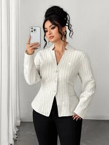Elenzga Áo khoác nữ size lớn thanh lịch gợi cảm phong cách công sở trang trọng, cổ chữ V, vai thường, tay dài, vạt trước hở, đính cúc ngọc trai trắng, gấu bất đối xứng, mùa thu - Màu be - Xem 5