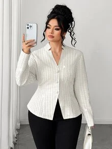 Elenzga Áo khoác nữ size lớn thanh lịch gợi cảm phong cách công sở trang trọng, cổ chữ V, vai thường, tay dài, vạt trước hở, đính cúc ngọc trai trắng, gấu bất đối xứng, mùa thu - Màu be - Xem 4