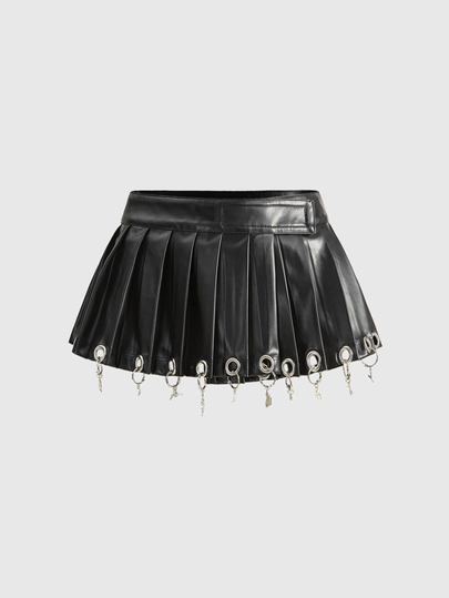 ROMWE Avant Women's Fashion PU Leather Mini Pleated Skirt With Round Ring Detail