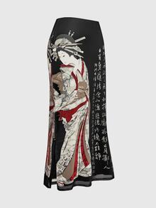 ROMWE Avant Spring/Summer Vacation Graphic Black Vintage Japanese Geisha & Pine Tree Calligraphy Print Side Slit Mesh Skirt For Women - Black - View 2