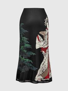 ROMWE Avant Spring/Summer Vacation Graphic Black Vintage Japanese Geisha & Pine Tree Calligraphy Print Side Slit Mesh Skirt For Women - Black - View 4