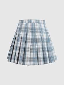 ROMWE J-Fashion Plaid Print Pleated Skirt, School - Blue and White - View 2