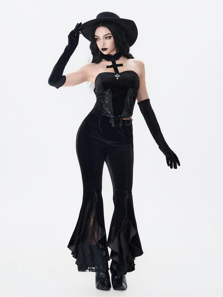 ROMWE Dark Gothic Court Style Halloween Outfit Cross Pendant Contrast Lace Tie Neck Velvet Vest - Black - View 3
