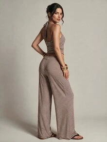 SHEIN Tall Women's Tall Two Pieces Set: Brown Halter Top And Trousers – Casual, Work-Ready, And Vacation - Brown - View 2