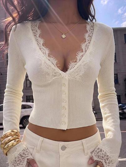 SHEIN Tall Women's Lace Patchwork V-Neck Long Sleeve Elegant Knit Cardigan