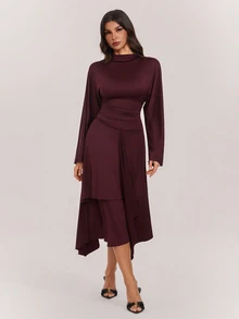 SHEIN Tall Tall-Fit Muslim-Style Burgundy Dress Featuring Bell Sleeves, A Fitted Waist, And An Asymmetrical Hem - Burgundy - View 3