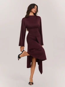 SHEIN Tall Tall-Fit Muslim-Style Burgundy Dress Featuring Bell Sleeves, A Fitted Waist, And An Asymmetrical Hem - Burgundy - View 1