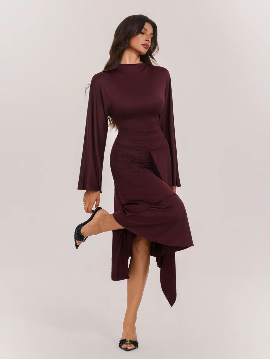 SHEIN Tall Tall-Fit Muslim-Style Burgundy Dress Featuring Bell Sleeves, A Fitted Waist, And An Asymmetrical Hem - Burgundy - View 1