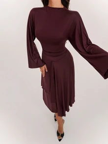 SHEIN Tall Tall-Fit Muslim-Style Burgundy Dress Featuring Bell Sleeves, A Fitted Waist, And An Asymmetrical Hem - Burgundy - View 6