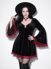 SHEIN ICON Plus-Size Y2K Goth Sexy Gothic Retro Dress Featuring A Chest Cutout, Flared Sleeves, And Contrasting Ruffles; Halloween Dress; Witch Costume - Black - View 1