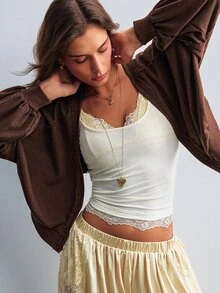 Willow Rêve Women's Solid Chocolate Brown Jacket,Drop-Shoulder Fit,Zip Front,Ruched Sleeves,Autumn Boho Cottagecore For Brunch,Daily Wear,Women's Sweatshirts - Brown - View 4