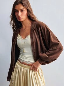Willow Rêve Women's Solid Chocolate Brown Jacket,Drop-Shoulder Fit,Zip Front,Ruched Sleeves,Autumn Boho Cottagecore For Brunch,Daily Wear,Women's Sweatshirts - Brown - View 5