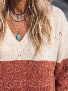 LanaWest Women's V-Neck Contrast Color Hollow Knit Sweater 2 In 1 Pleated Hem Patchwork Loose Long Sleeve European And American Style Top - Red - View 4